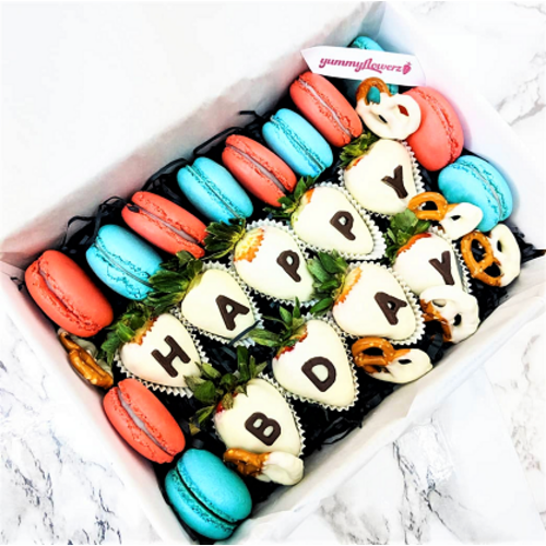 Macarons + Chocolate Dipped Strawberries Gift Box in White, Blue & Red